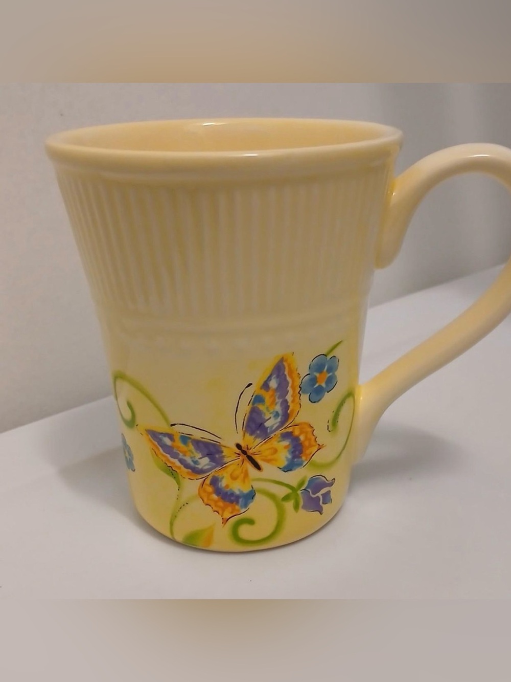 Pier 1 Imports Botanica Light Yellow Floral Butterfly Coffee Tea Mug 14oz